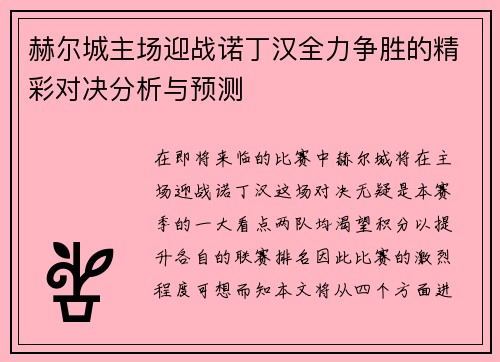 赫尔城主场迎战诺丁汉全力争胜的精彩对决分析与预测